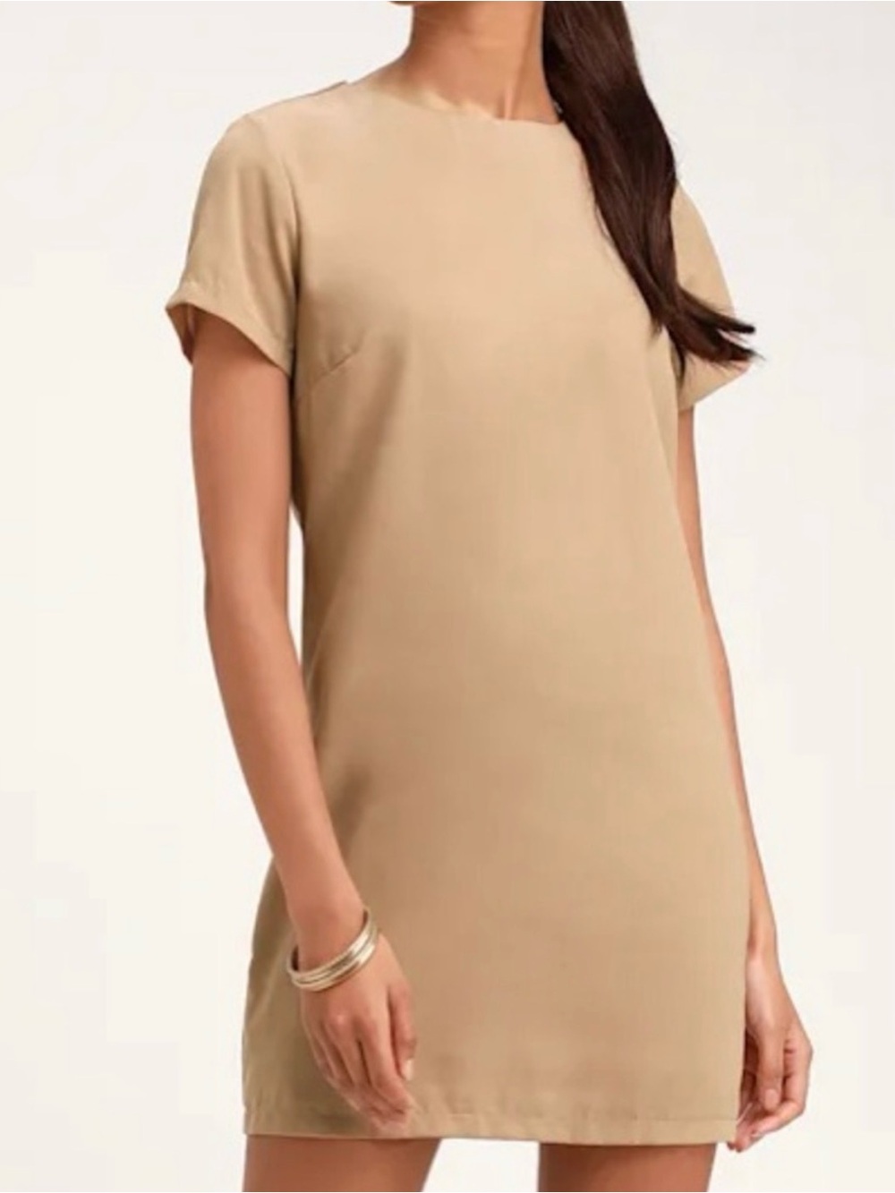 LULU’s Classic Short-Sleeve Shift Dress in Camel with back zip Size Small